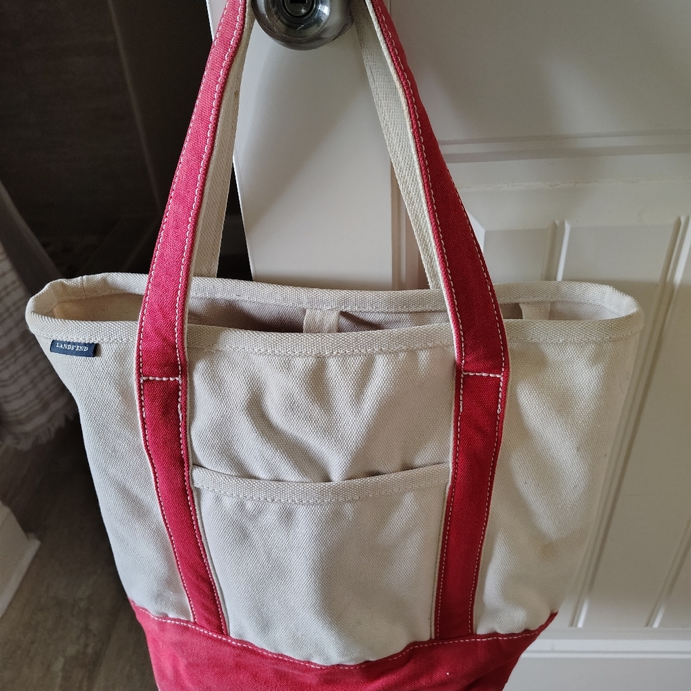 Lands' End Cream and Red Tote Bag with Practical Design